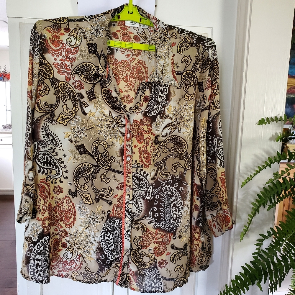 Cato Women's Blouse Brown Orange Paisley 3/4 Sleeve Button Front Top 22/24 W